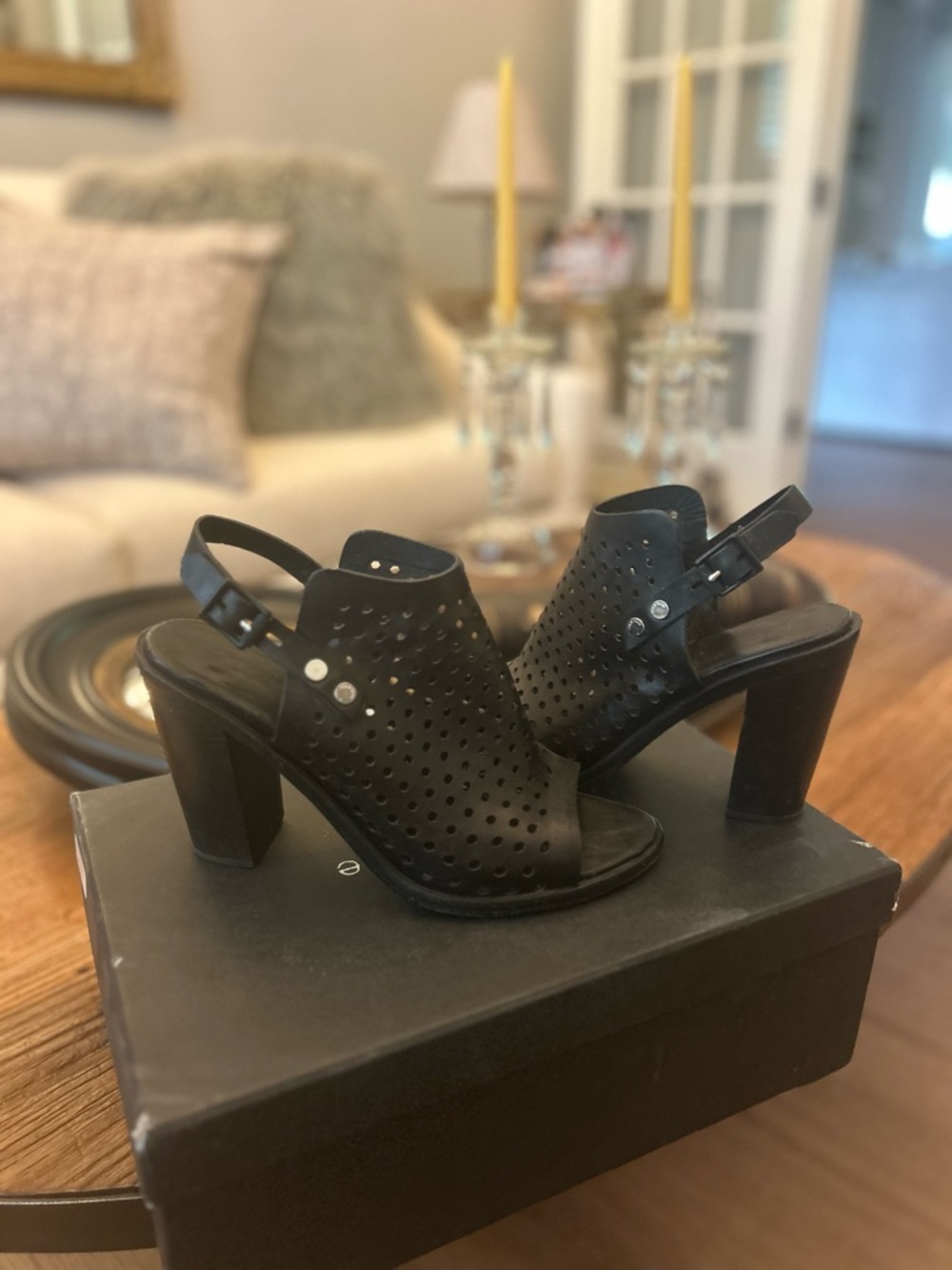 rag & bone Black Perforated Slingback Block Heel Sandals 4 inch heel